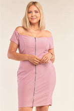 Plus Size Fitted Off-the-shoulder Front Zipper Bodycon Mini Dress