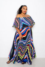 Geo Printed Off Shoulder Pleated Maxi Dress